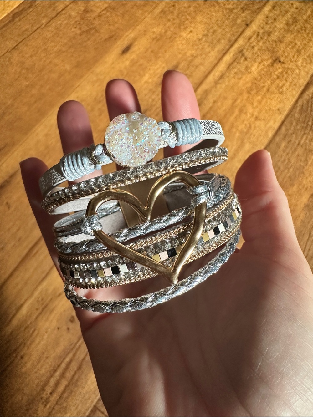 Layered Heart Accent Multi-Row Bracelet in Silver and Gold